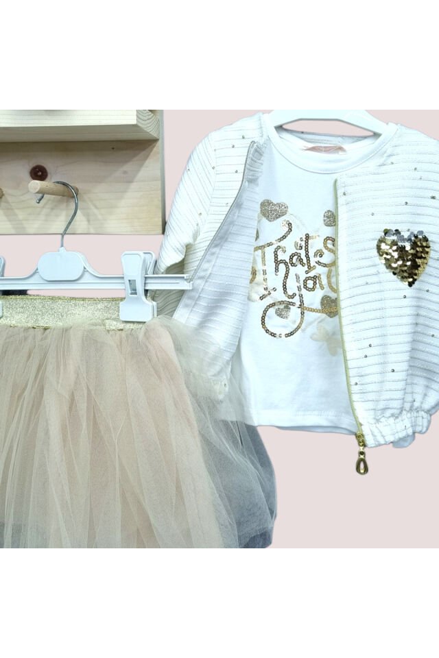 Missrose Kız Bebek Üçlü Etekli Takım Pudra - 4 Yaş