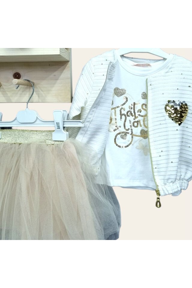 Missrose Kız Bebek Üçlü Etekli Takım Pudra - 4 Yaş