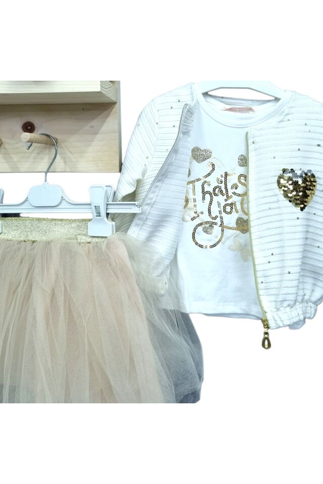 Missrose Kız Bebek Üçlü Etekli Takım Pudra - 4 Yaş