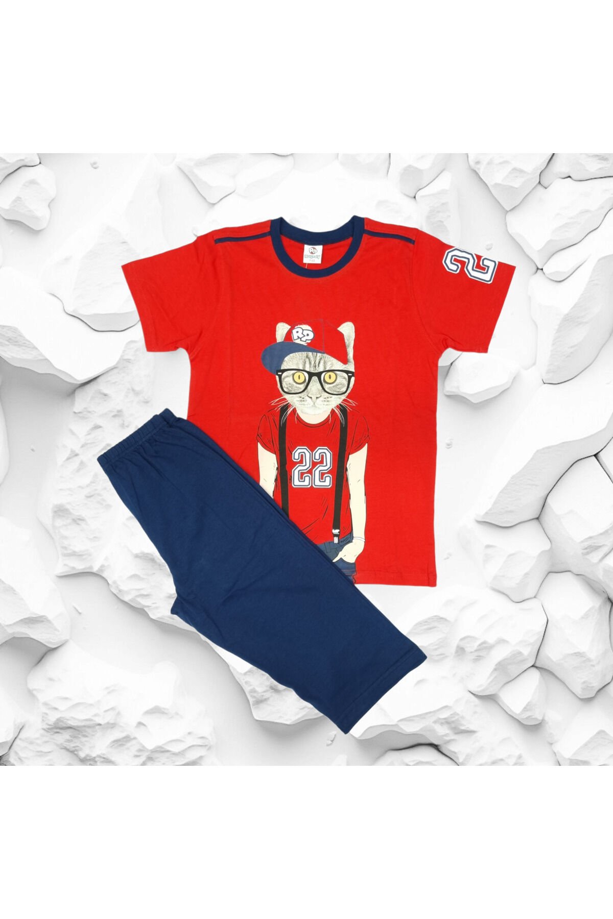Rolypoly Şapkalı Kedi Baskılı Erkek Çocuk Şortlu Yazlık Takım