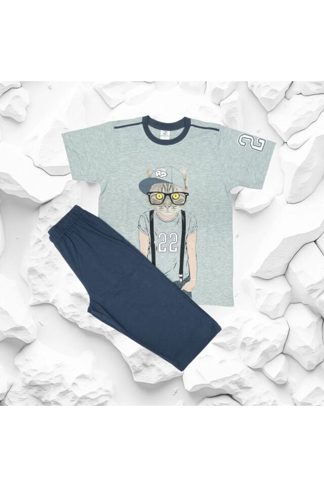 Rolypoly Şapkalı Kedi Baskılı Erkek Çocuk Şortlu Takım