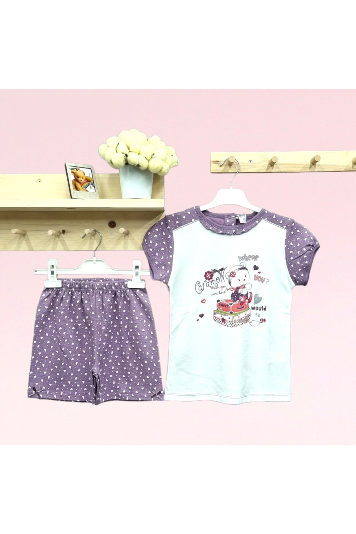 Caramel Sevimli Ayıcık Kalpli Şortlu Takım