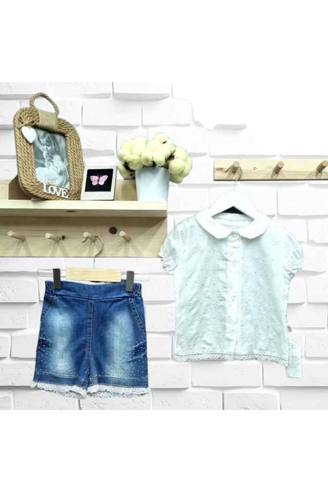 Bebetto Kelebek Süslemeli Gömlekli Kot Şortlu Takım