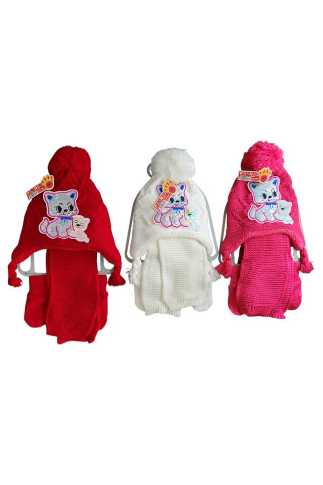 Prahar Kız Bebek Pullu Sevimli Kediler Atkı Bere Eldiven Seti Pembe - 2-4 Yaş