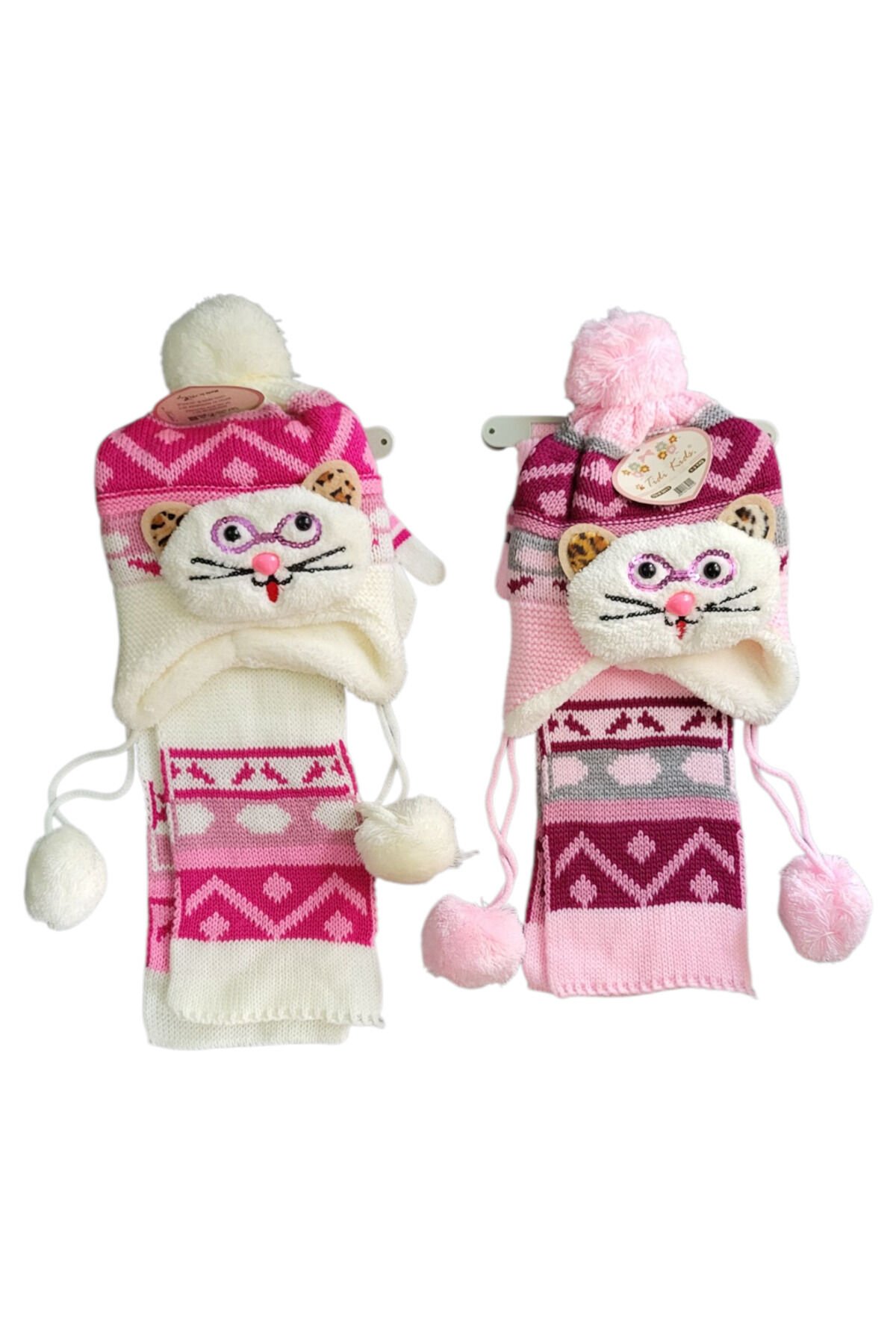 Tidi Kız Bebek Pullu Kedicik Nakışlı Atkı Bere Eldiven Seti Pembe - 1-3 Yaş