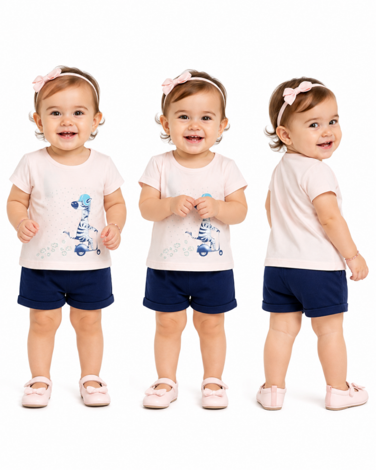 Pelops Kız Bebek Zebra Taşlı Şortlu Yazlık Takım
