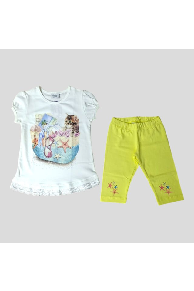 Breeze Kız Bebek Taşlı Kedili Taytlı Yazlık Takım