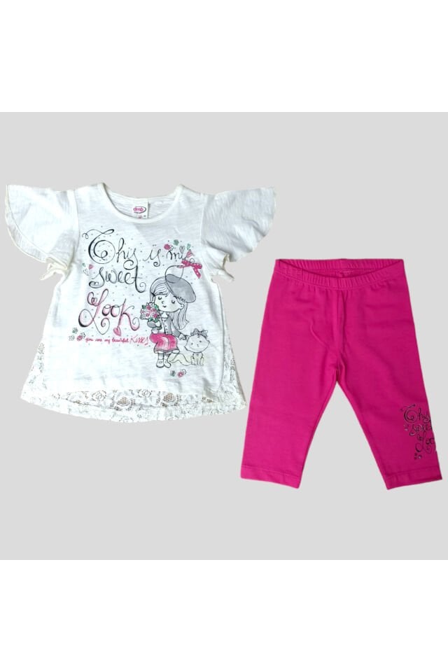 Dmb Sevimli  Kedili Kız Dantel Detay Taytlı Takım