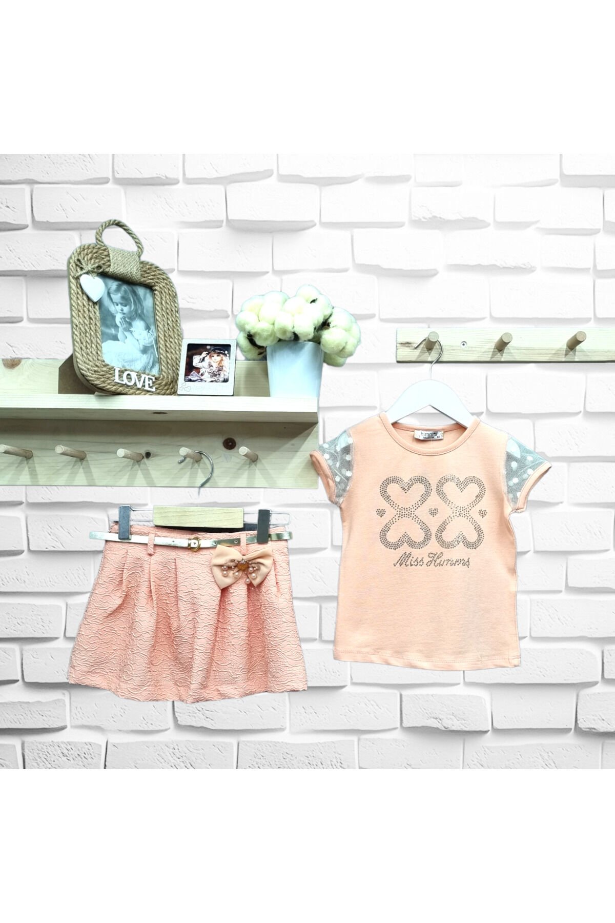 Himms Kız Bebek Taşlı Kalp Desenli Etekli Yazlık Takım