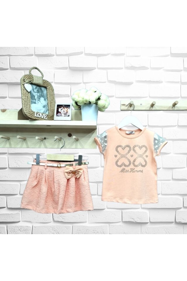 Himms Kız Bebek Taşlı Kalp Desenli Etekli Yazlık Takım