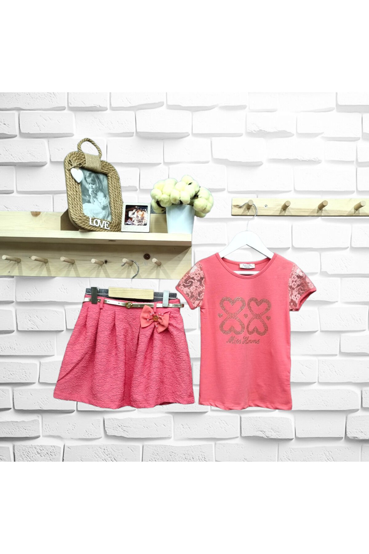 Himms Kız Çocuk Taşlı Kalp Desenli Etekli Yazlık Takım