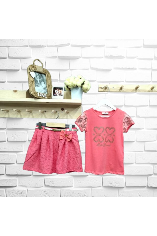 Himms Kız Çocuk Taşlı Kalp Desenli Etekli Yazlık Takım