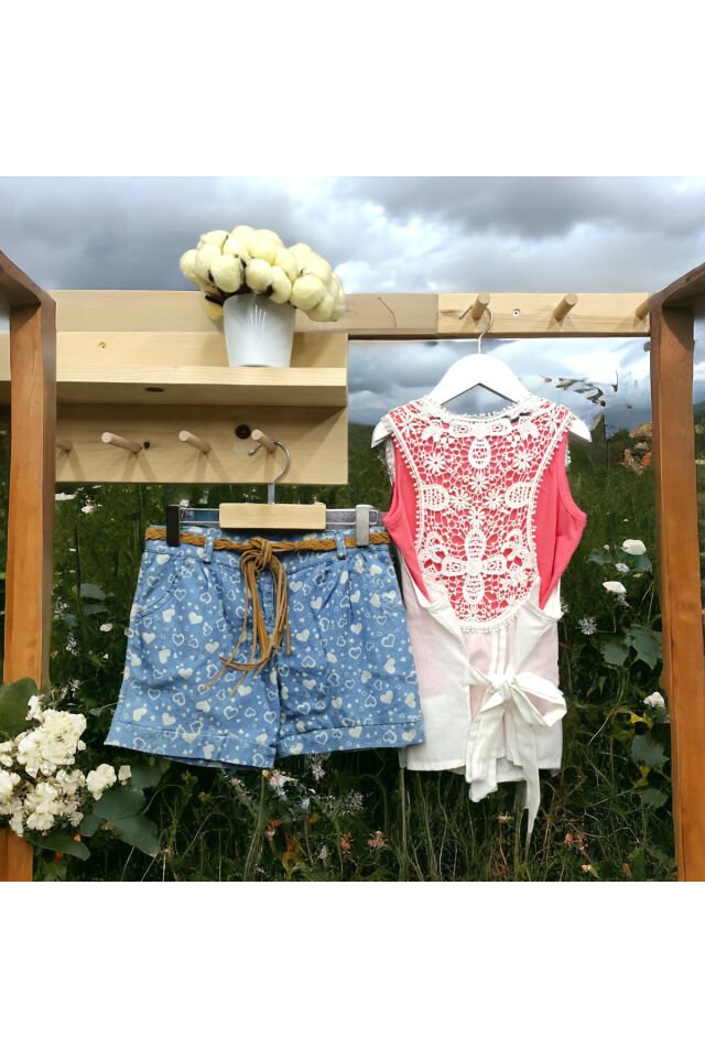 Himms Kız Çocuk Sıfır Kol Askılı Gömlek Model Keten Şortlu Üçlü Yazlık Takım