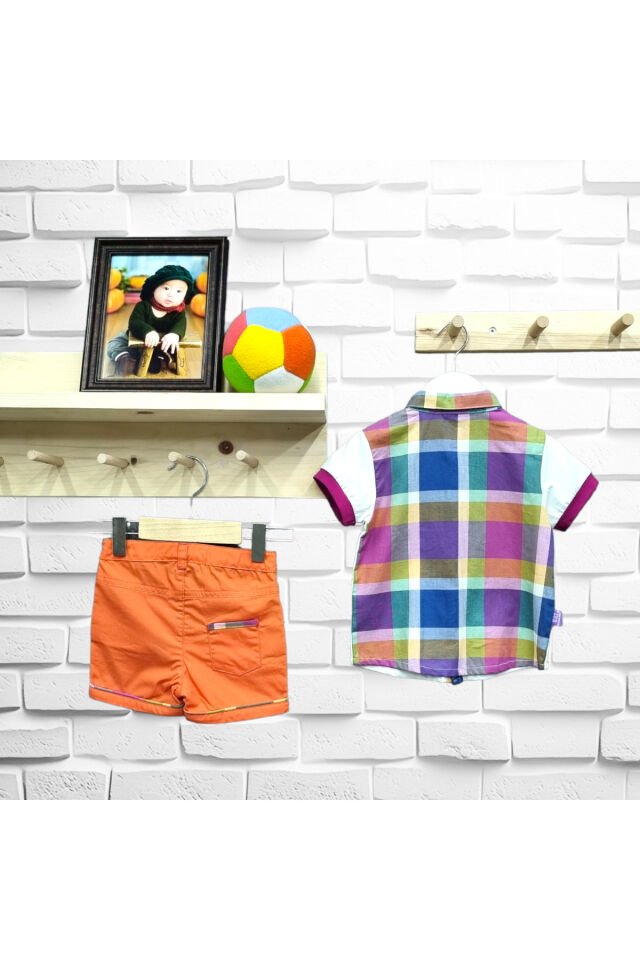 Maia Erkek Bebek Renkli Blok Desenli Gömlekli Şortlu Yazlık Takım