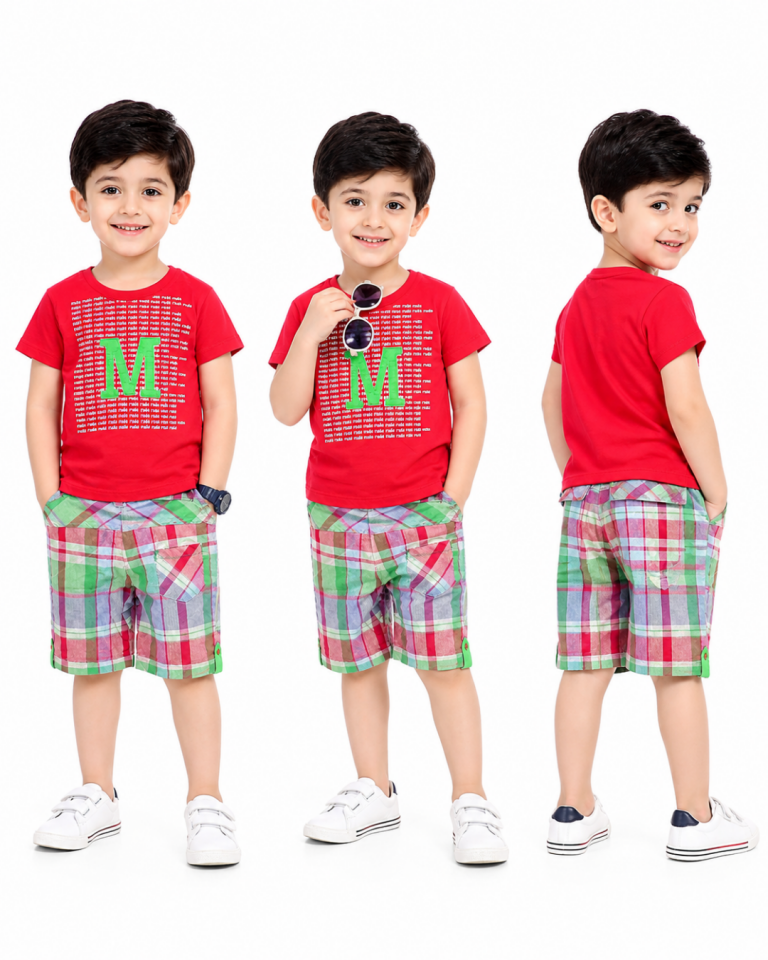 Maia Erkek Bebek Yazılı Kare Desen Şortlu Yazlık Takım
