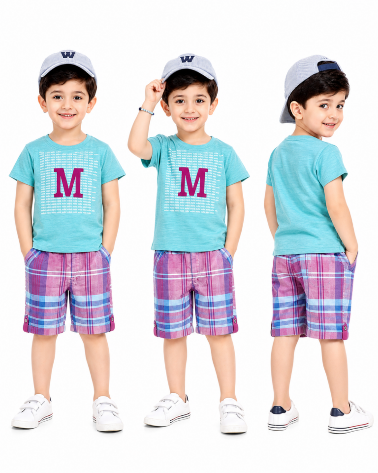 Maia Erkek Bebek Yazılı Kare Desen Şortlu Yazlık Takım