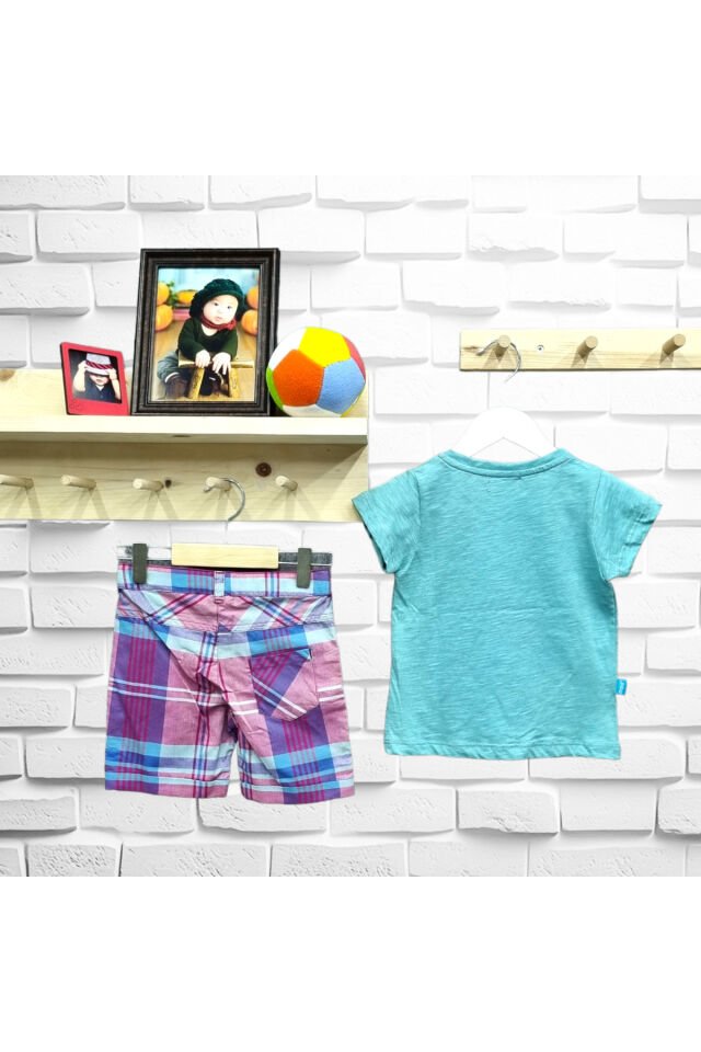 Maia Erkek Bebek Yazılı Kare Desen Şortlu Yazlık Takım