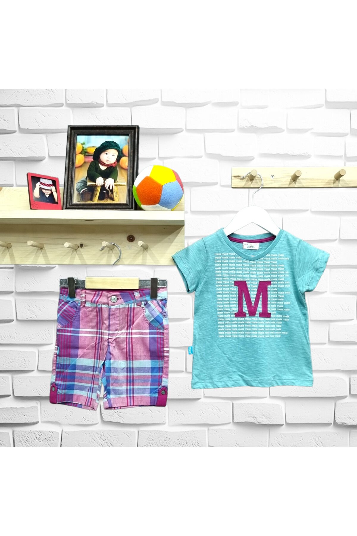 Maia Erkek Bebek Yazılı Kare Desen Şortlu Yazlık Takım