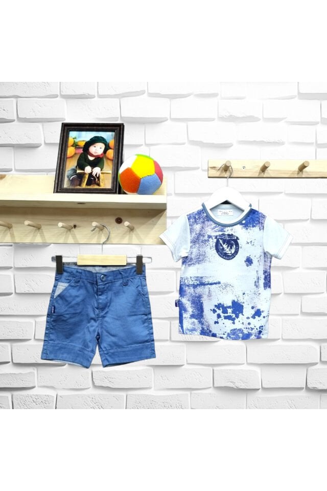 Maia Erkek Bebek Renk Desenli Keten Şortlu Yazlık Takım