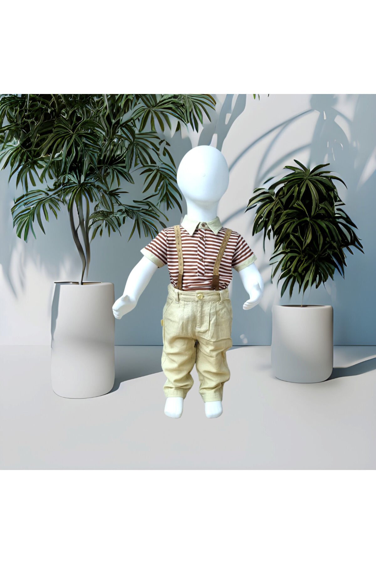 Maia Erkek Bebek Askılı Keten Pantolonlu Yazlık Takım
