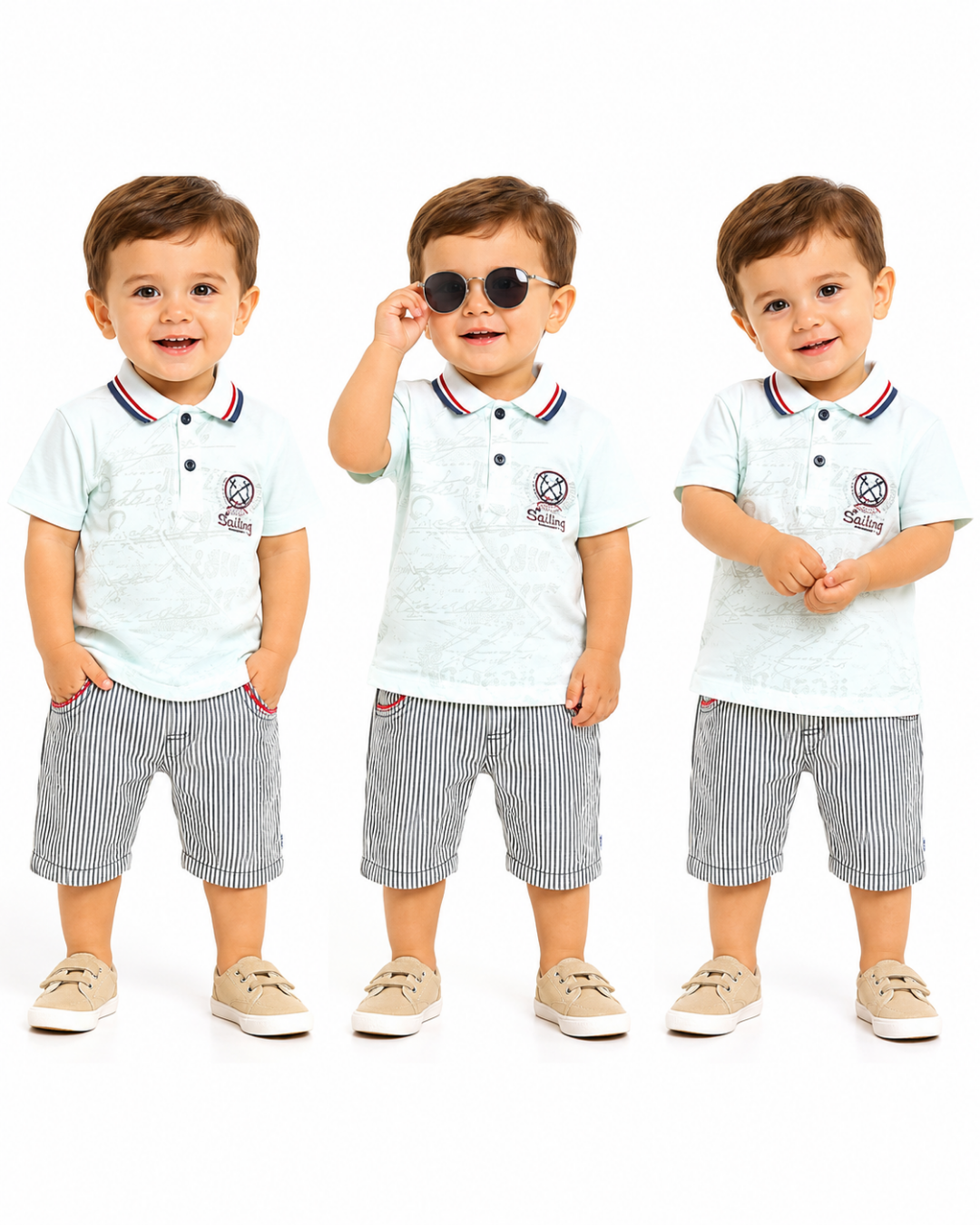 Kts Erkek Bebek Polo Yaka Yazılı Keten Şortlu Yazlık Takım