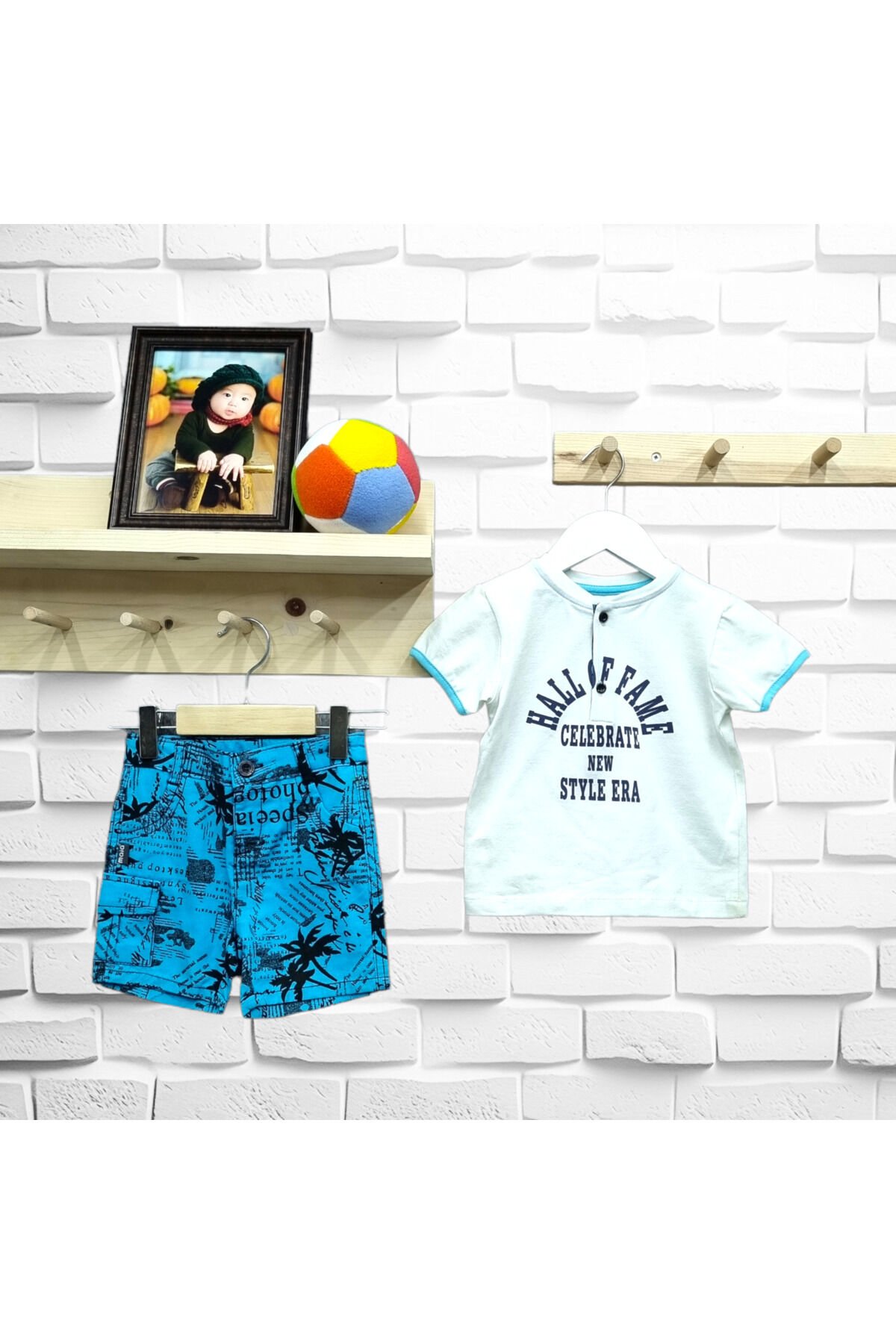 Maia Erkek Bebek Hakim Yaka Yazılı Desenli Keten Şortlu Yazlık Takım