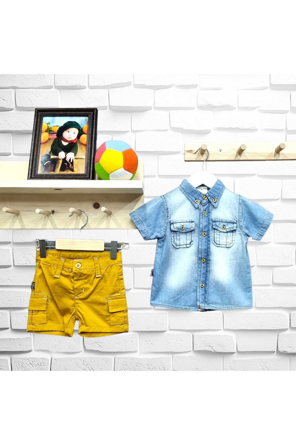 Maia Erkek Bebek Kot Gömlekli Keten Şortlu Üçlü Yazlık Takım