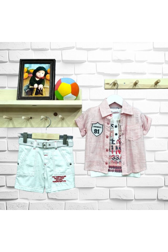 Kts Original Arma İşlemeli Çizgi Desen Keten Şortlu Takım