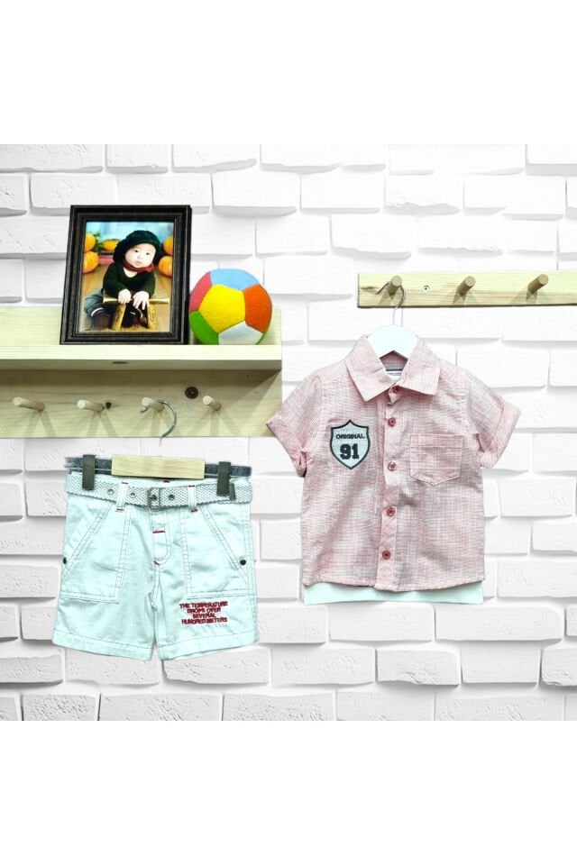 Kts Original Arma İşlemeli Çizgi Desen Keten Şortlu Takım