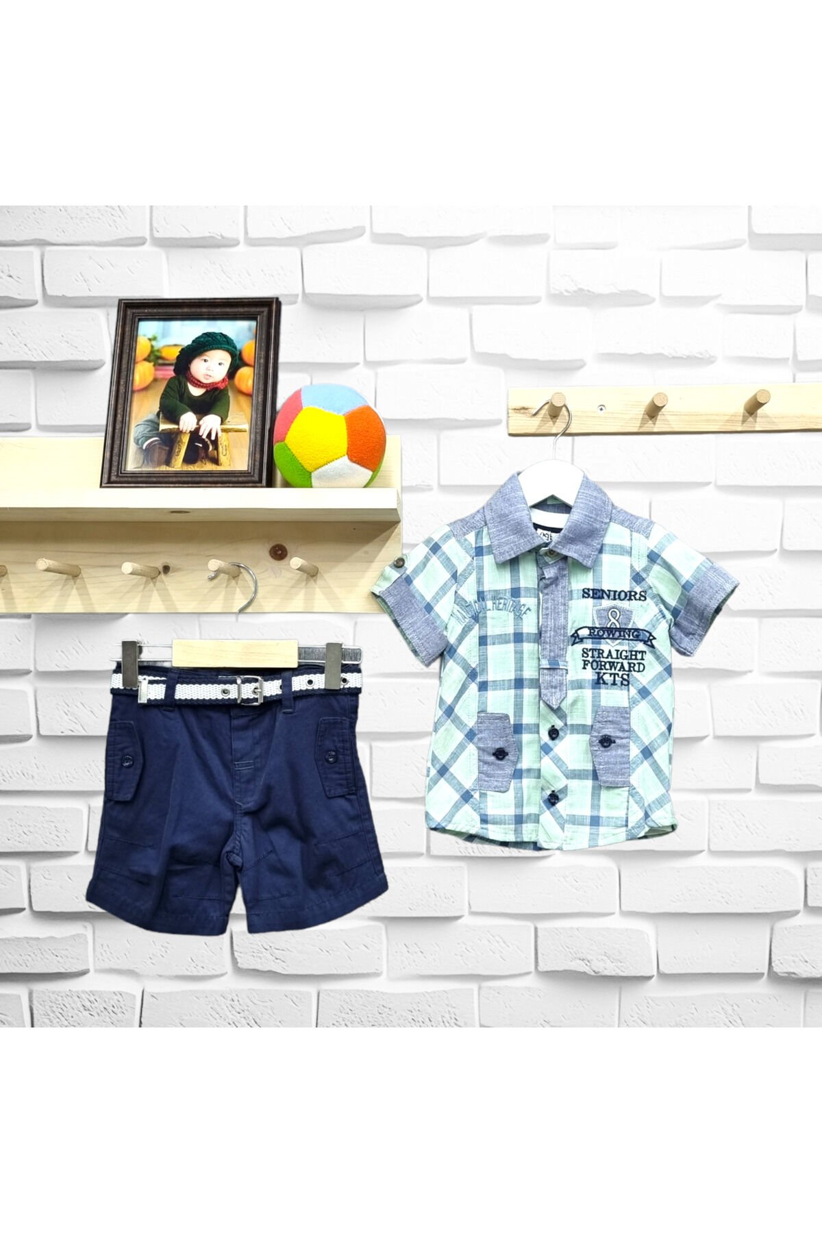 Kts Erkek Bebek Kare Desen Gömlekli Keten Şortlu Yazlık Üçlü Takım