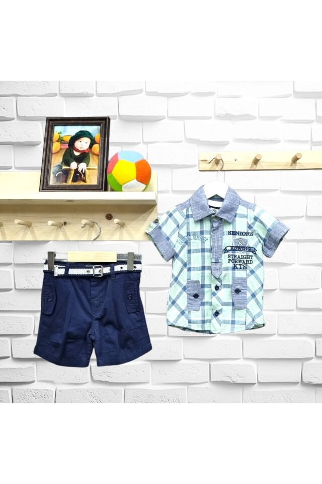 Kts Kare Desen Gömlekli Keten Şortlu Takım