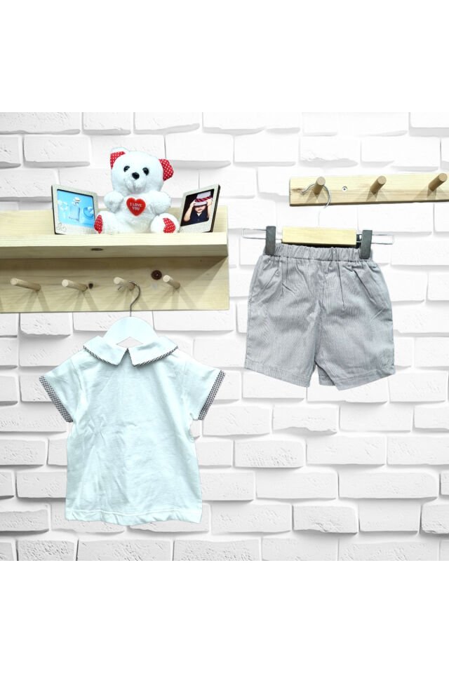 Bebetto Polo Yaka Çizgi Keten Şortlu Takım