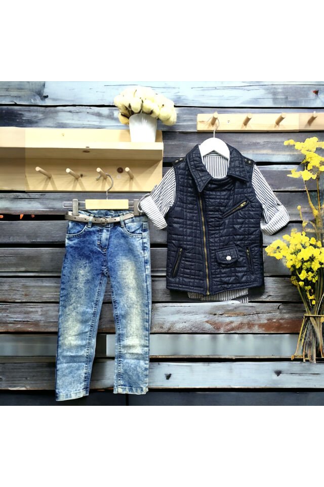 Miss Elitte Kız Çocuk Kapitone Yelekli Pantolonlu Üçlü Takım