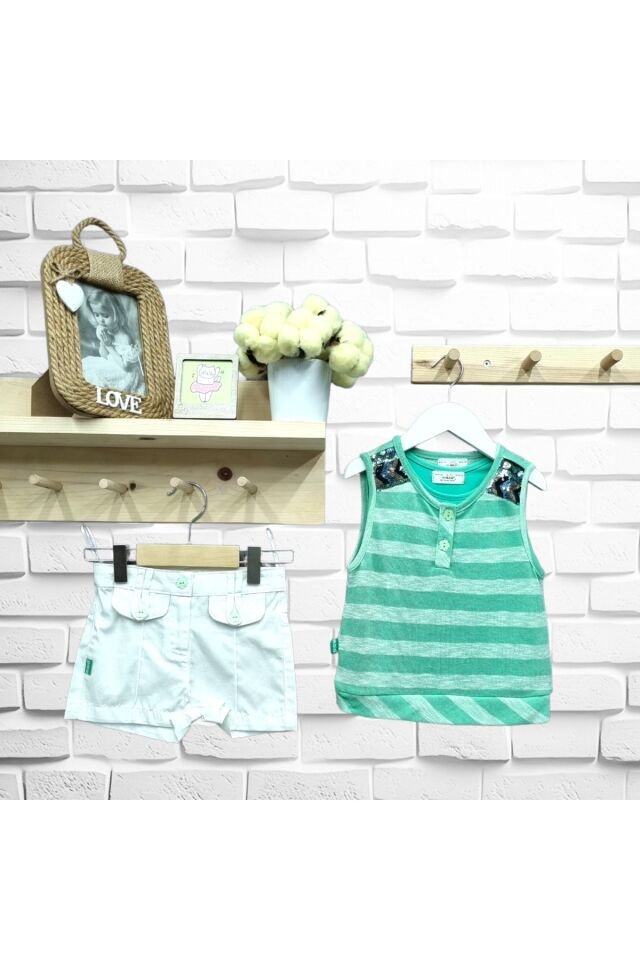 Maia Kız Bebek Keten Şortlu Yazlık Takım Yeşil - 18-24 Ay