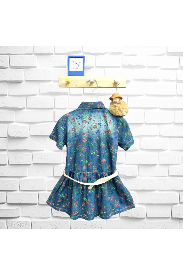 Breeze Kız Bebek Çiçek Desenli Yazlık Kot Elbise Mavi - 3 Yaş