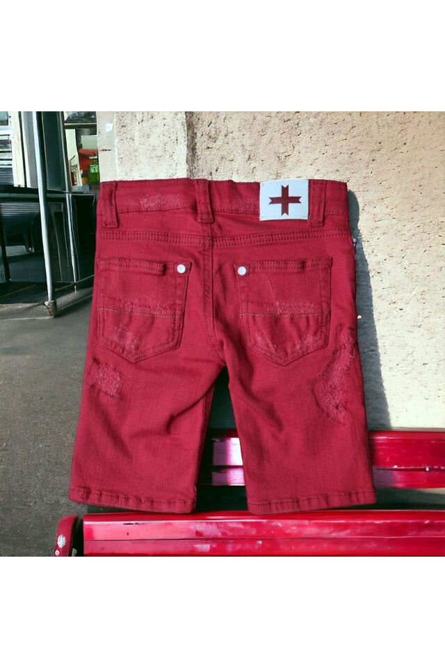 Zue Çocuk Unisex Likralı Yazlık Kot Şort Kırmızı - 4-5 Yaş