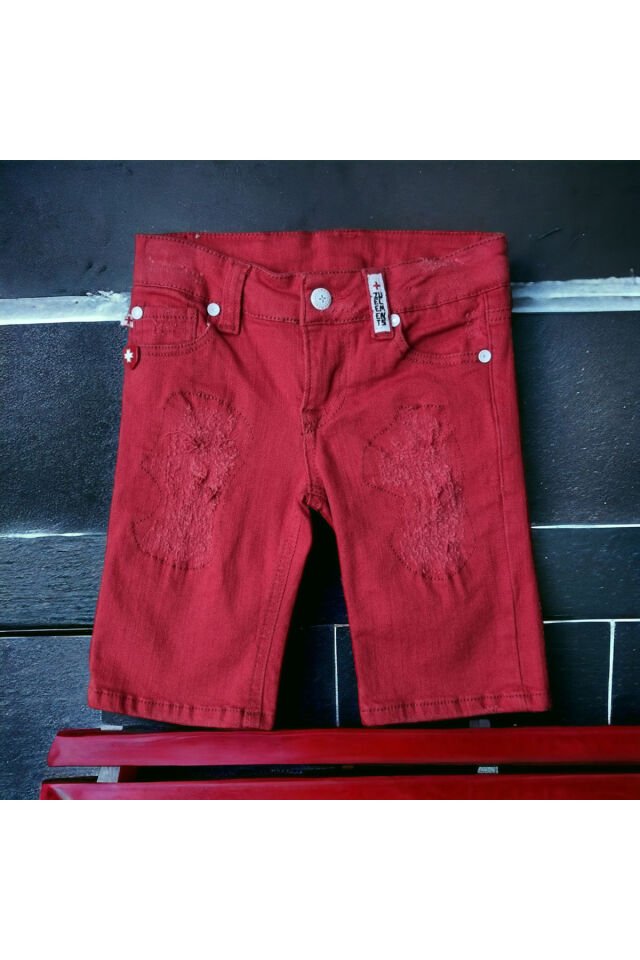 Zue Çocuk Unisex Likralı Yazlık Kot Şort Kırmızı - 7-8 Yaş