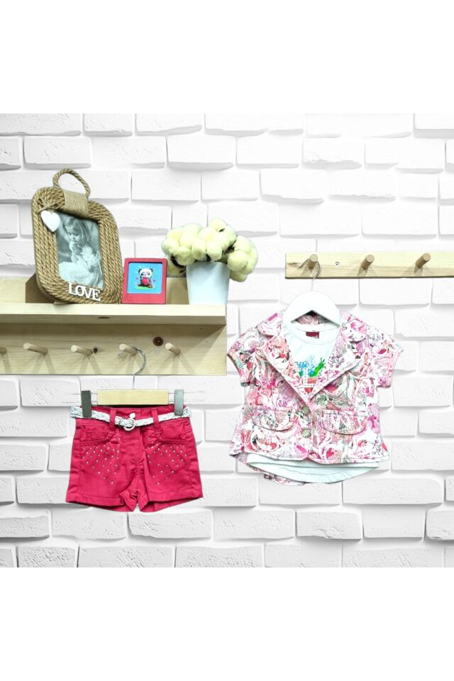Flamini Kız Bebek Ceketli Şortlu Üçlü Yazlık Takım Pembe - 6-9 Ay