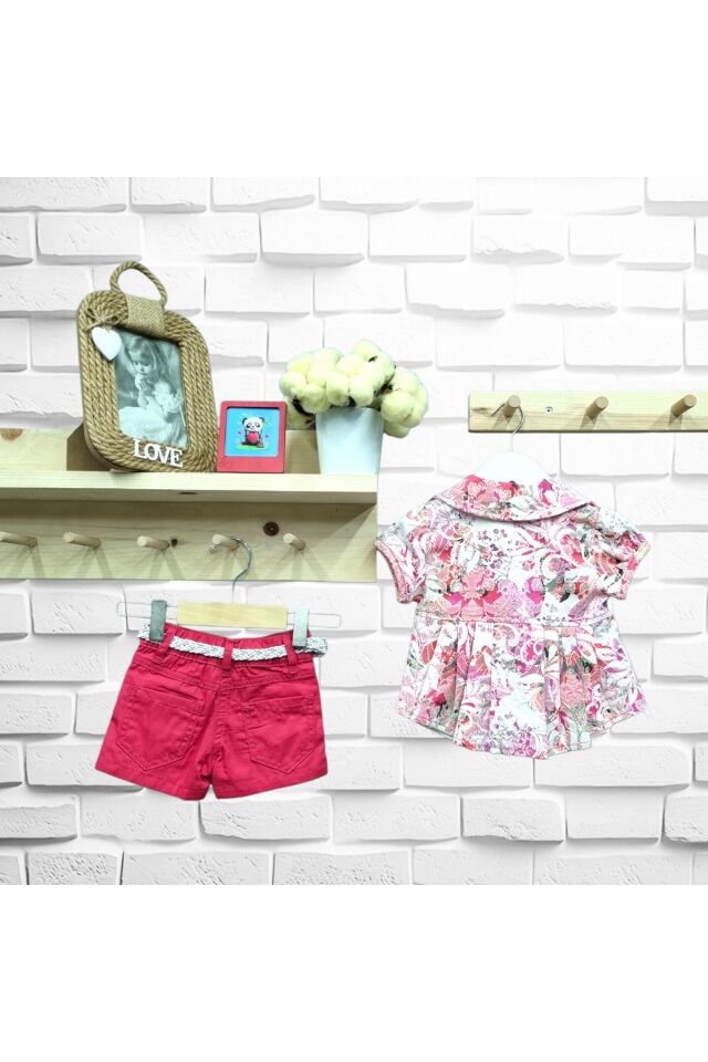 Flamini Kız Bebek Ceketli Şortlu Üçlü Yazlık Takım Pembe - 6-9 Ay