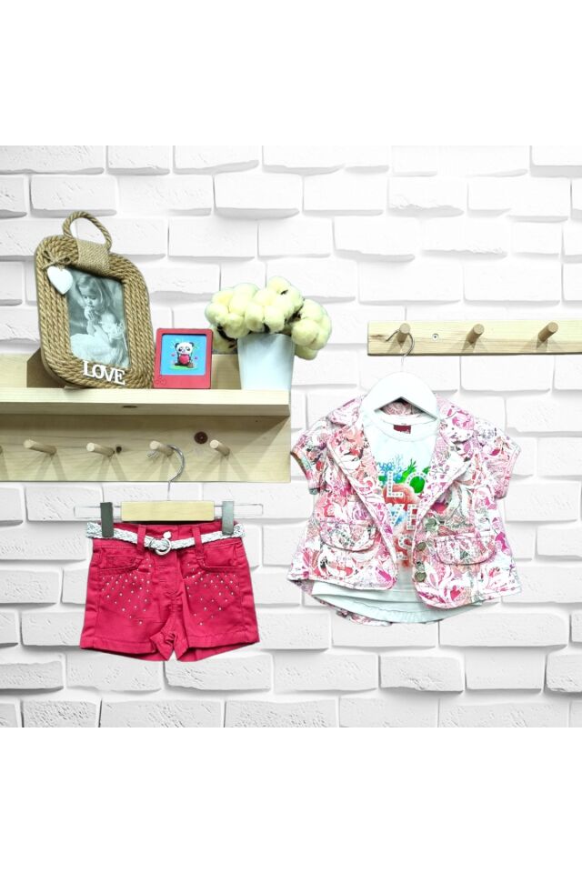 Flamini Kız Bebek Ceketli Şortlu Üçlü Yazlık Takım Pembe - 6-9 Ay