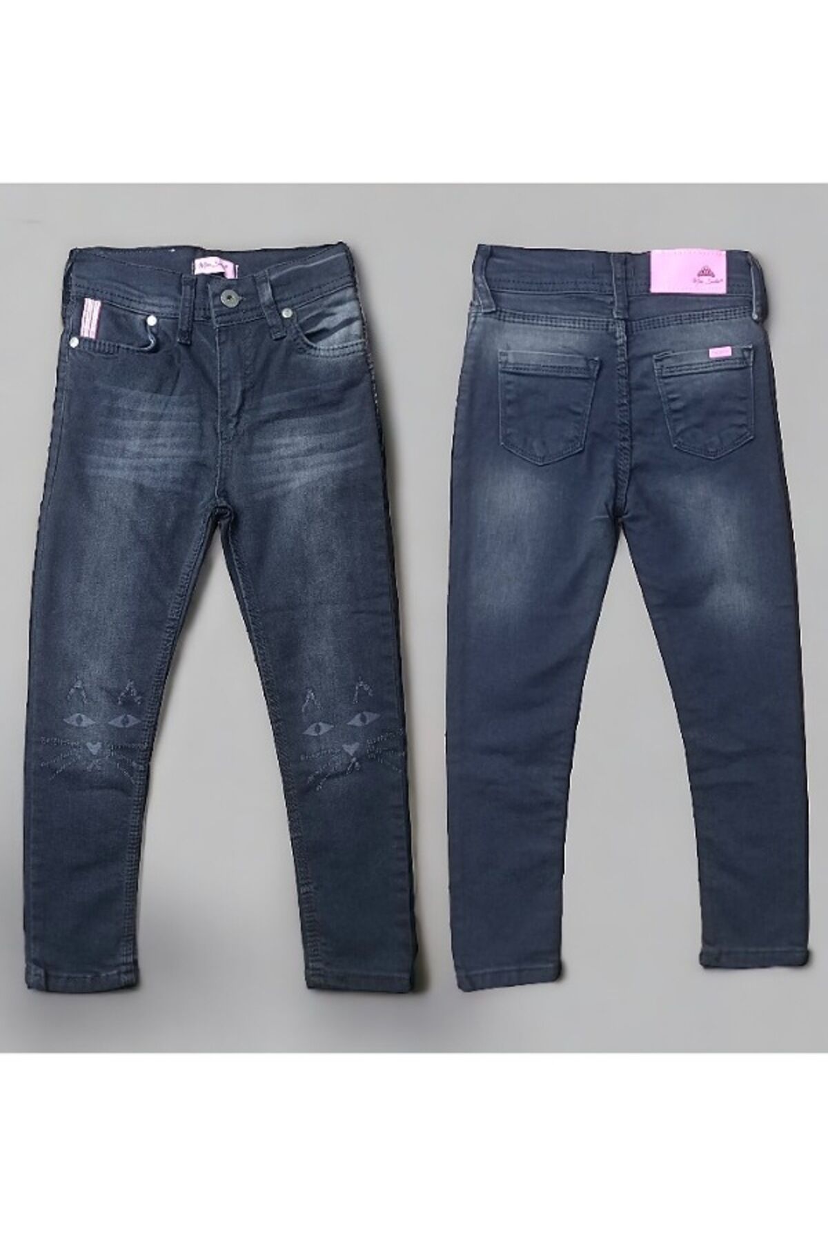 MS Kız Çocuk Lazer Kesim Kedi Desenli Kot Pantolon