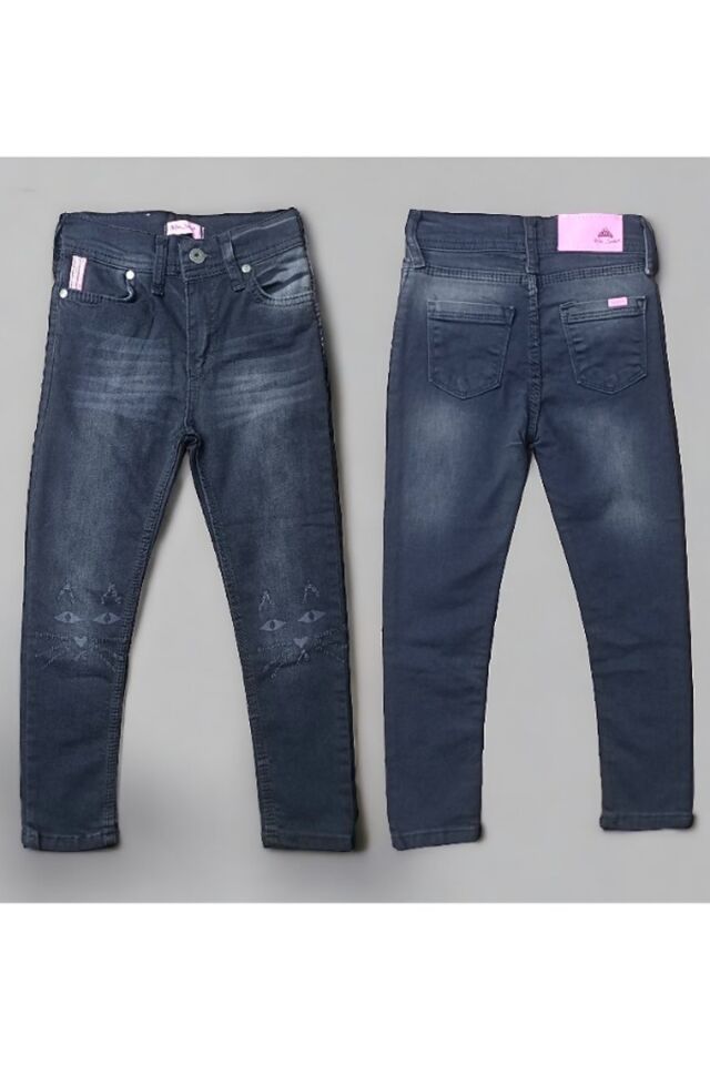 MS Kız Çocuk Lazer Kesim Kedi Desenli Kot Pantolon