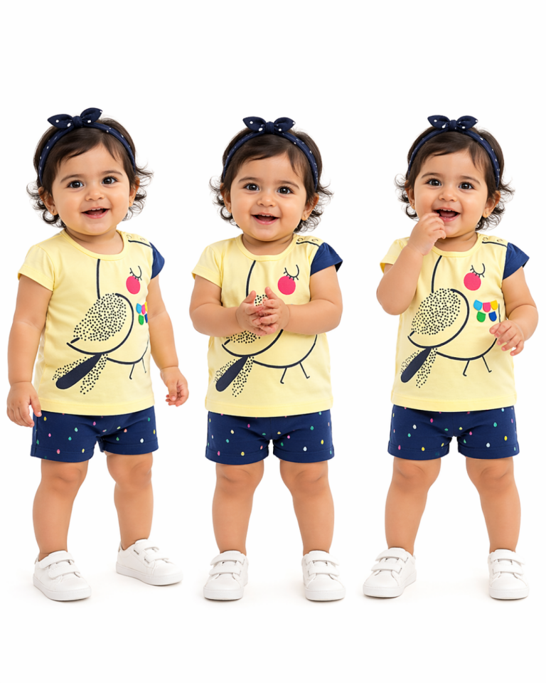 Popshops Kız Bebek Renkli Kuş Baskılı Yazlık Tshirt