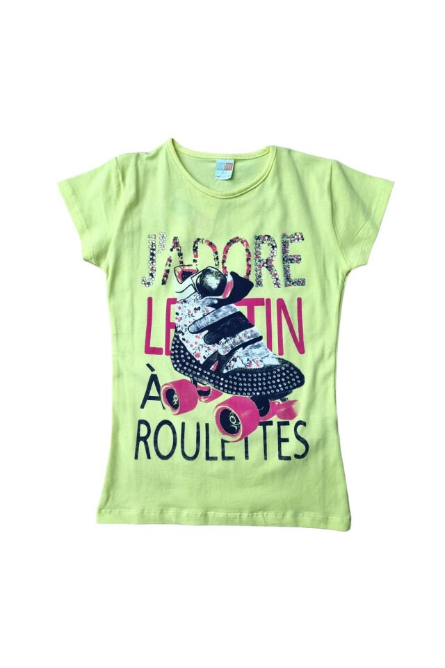 Popshops Kız Çocuk Parlak Taşlı Yazlık T-shirt Sarı - 8-9 Yaş
