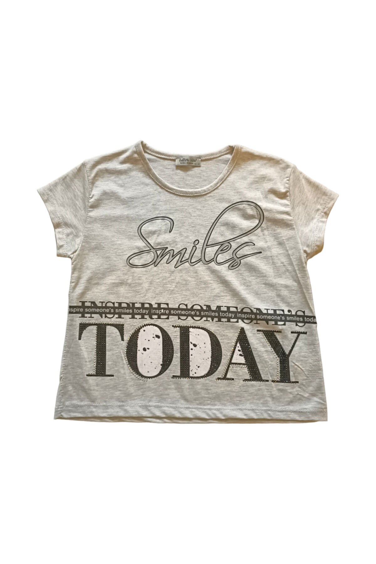 Zelish Genç Kız Fosforlu Smile Baskılı Yazlık T-shirt Gri - 13-14 Yaş