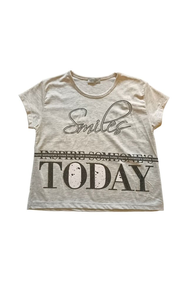 Zelish Genç Kız Fosforlu Smile Baskılı Yazlık T-shirt Gri - 15-16 Yaş