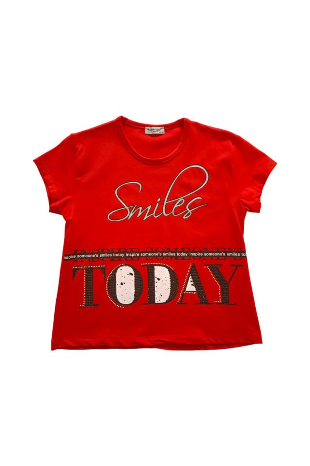 Zelish Genç Kız Fosforlu Smile Yazlık T-shirt Kırmızı - 15-16 Yaş