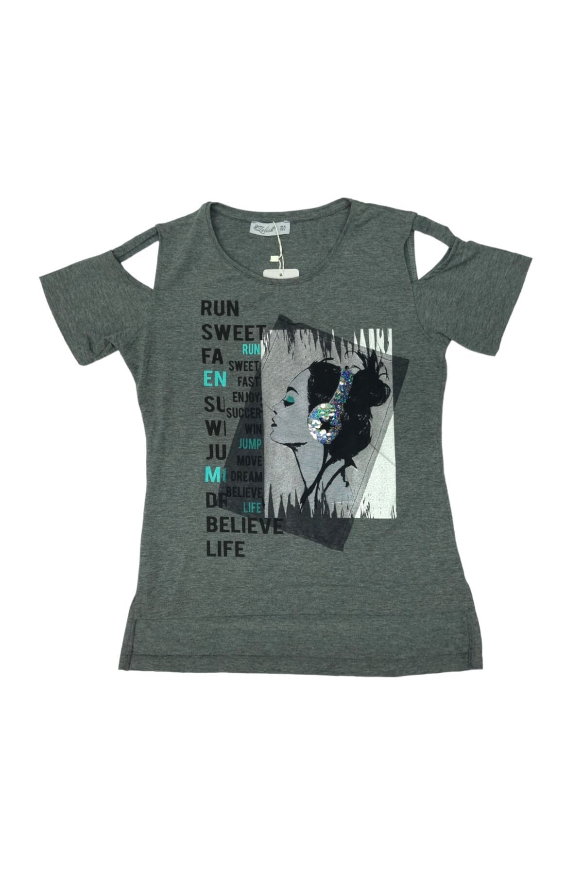 Zelish Genç Kız Baskılı Yazlık T-shirt Gri - 13-14 Yaş