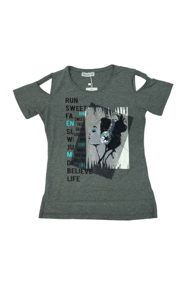 Zelish Genç Kız Baskılı Yazlık T-shirt Gri - 13-14 Yaş