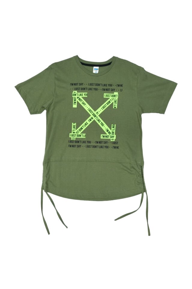 Dmb Unisex Yanlardan Büzgülü Yazlık T-shirt Haki - 11-12 Yaş